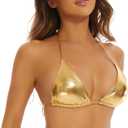 Halter Metallic Crop Top Shiny Triangle Bralette Rave Bra Swimsuit Top (Gold, Large)