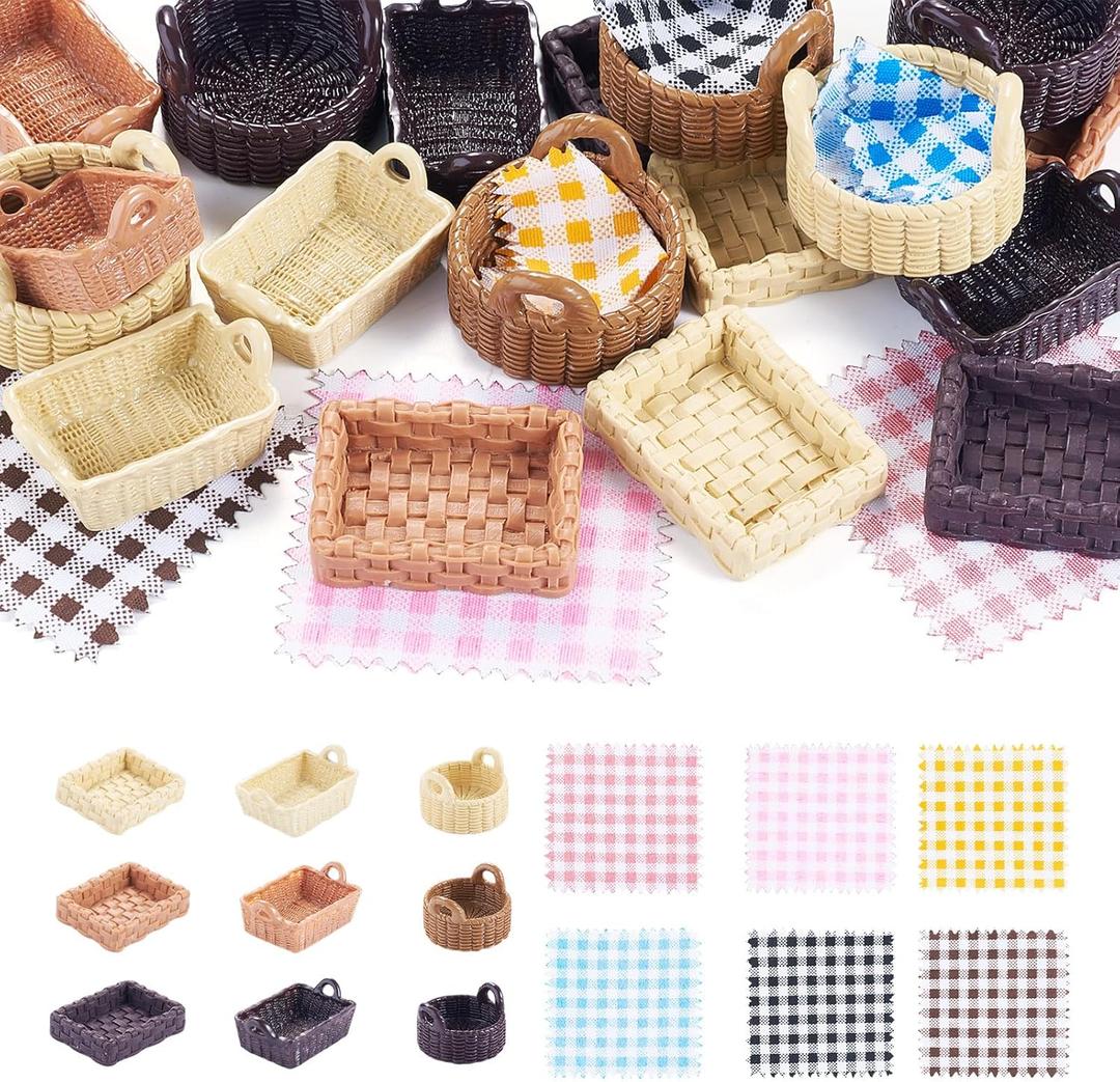 36Pcs Food Basket Resin Miniature Ornaments Micro Landscape Home Dollhouse Accessories Picnic Cloth Flower Basket Figure for Party Favors Garden Decoration 36.5-42mm