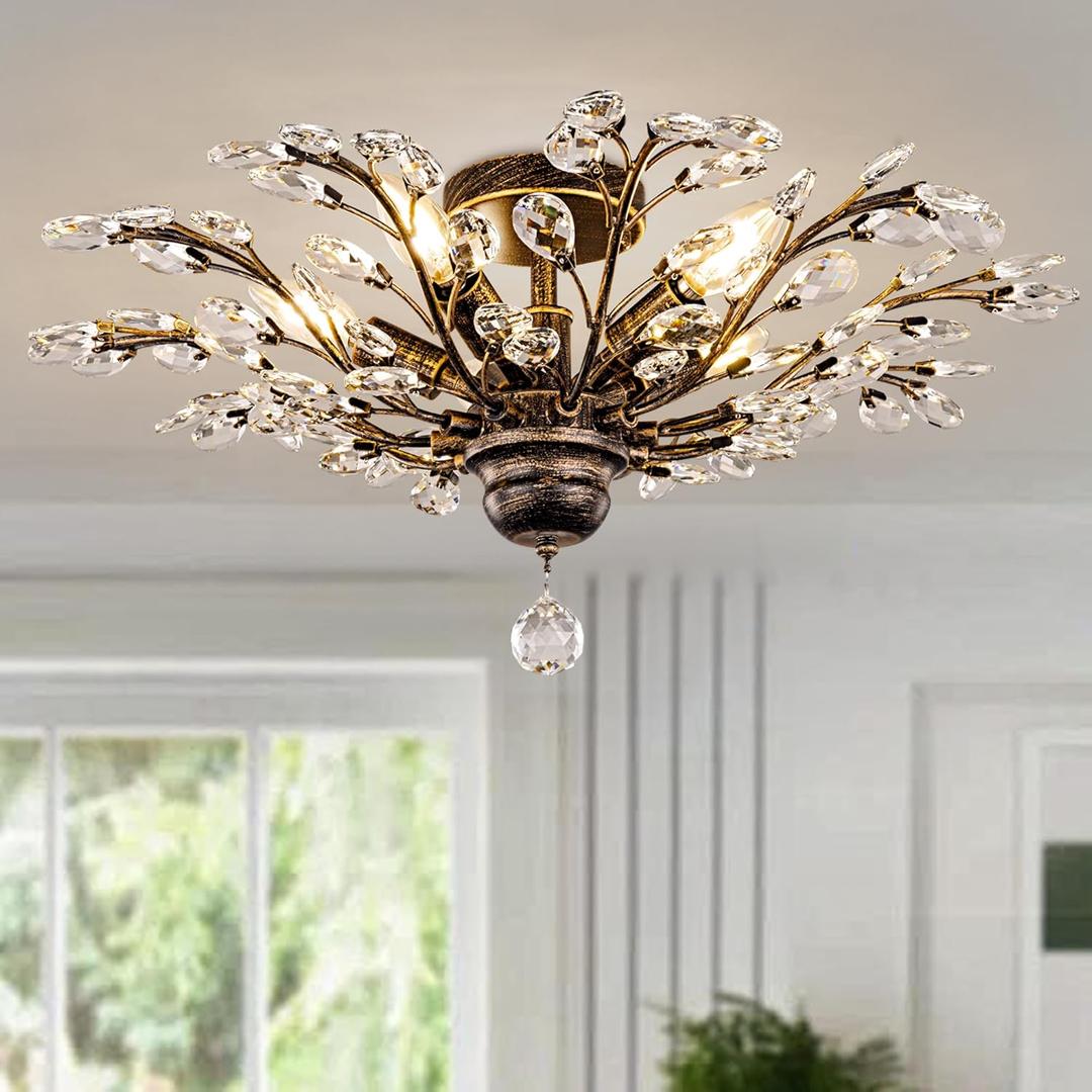 Wellmet Vintage Crystal Ceiling Light Fixture, 5 Lights Bronze Semi Flush Mount Ceiling Light Fixture, Modern Farmhouse Chandelier for Dining Room, Bedroom, Bathroom, Entryway, Hallway, W-24in