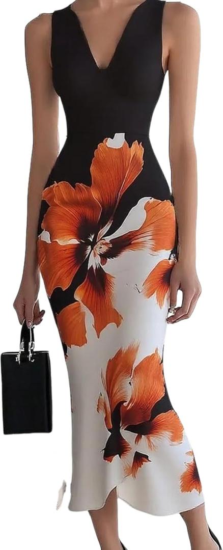 HVT Women's 2026 Summer Halter Neck Floral Print Maxi Dress Wedding Guest Party Sleeveless Bodycon Long Dresses (M)