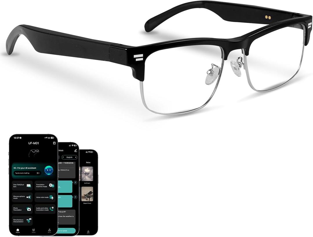 AI Translation Glasses, Real-Time Translator with 164 Languages Support, Smart Blue Light Blocking Glasses with Speakers, IPX5 Waterproof Bluetooth Eyeglasses for Travel, Business & Study (Silver)