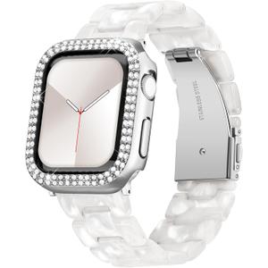 Resin Watch Bands with Case Compatible with Apple Watch 40/41/44/45mm Women Men Watch Strap with Glitter Bling Protective Cover Wristband Fit for iWatch Series9 8 7 SE SE2 6 5 4, Pearl White 40mm