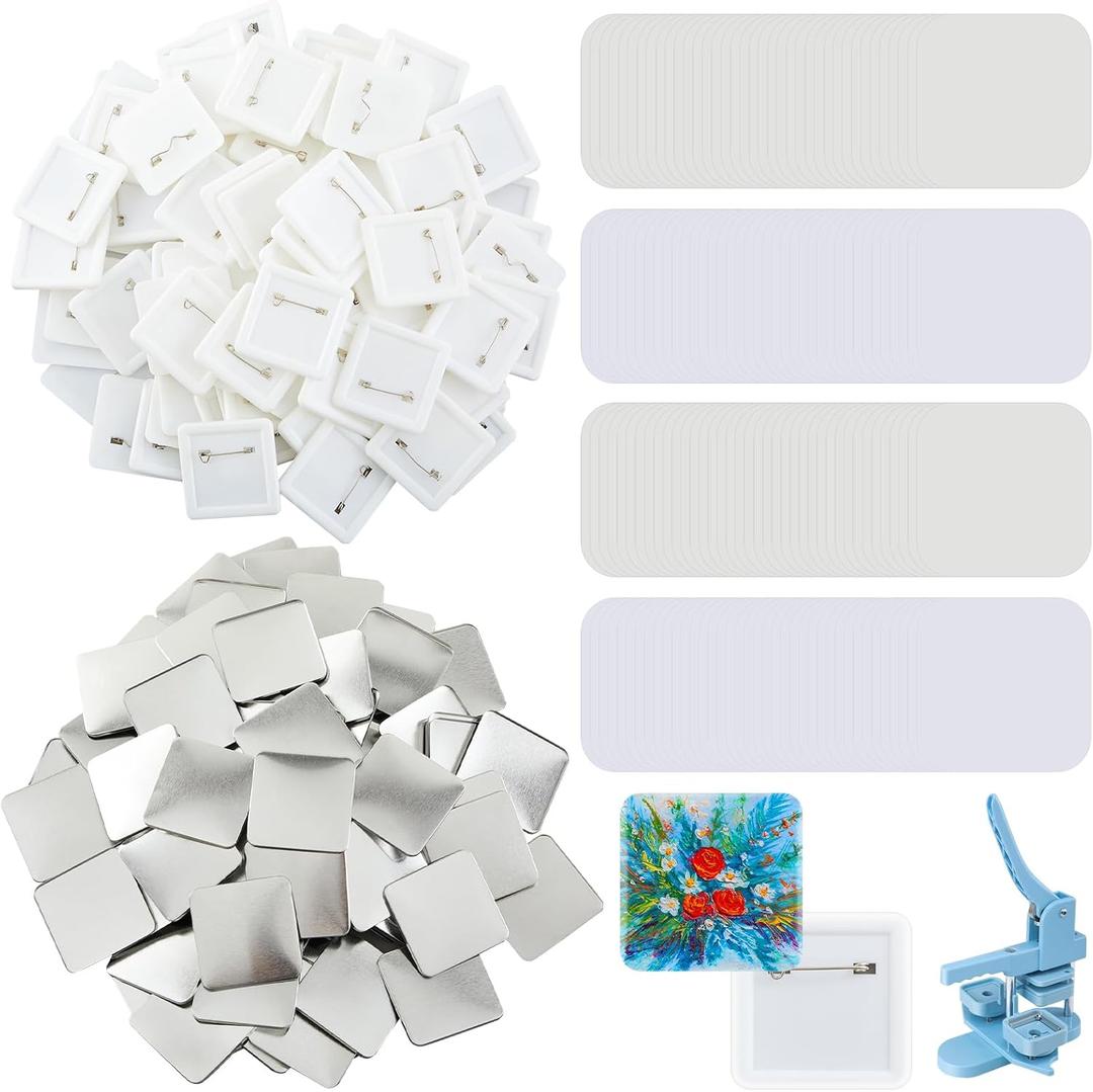 200 Set 2'' x 2'' Square Pin Button Making Supplies for Square Button Maker DIY Pin Badge Parts Refill (Clear)