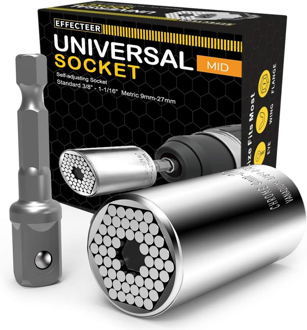 Universal Socket, Self-adjusting Socket Fits Standard 3/8'' - 1-1/16'' Metric 9mm-27mm, Adapter Socket for Wrench Ratchet & Power Drill, Tools Gifts for Men Him Husband Dad Father DIY Handyman Women