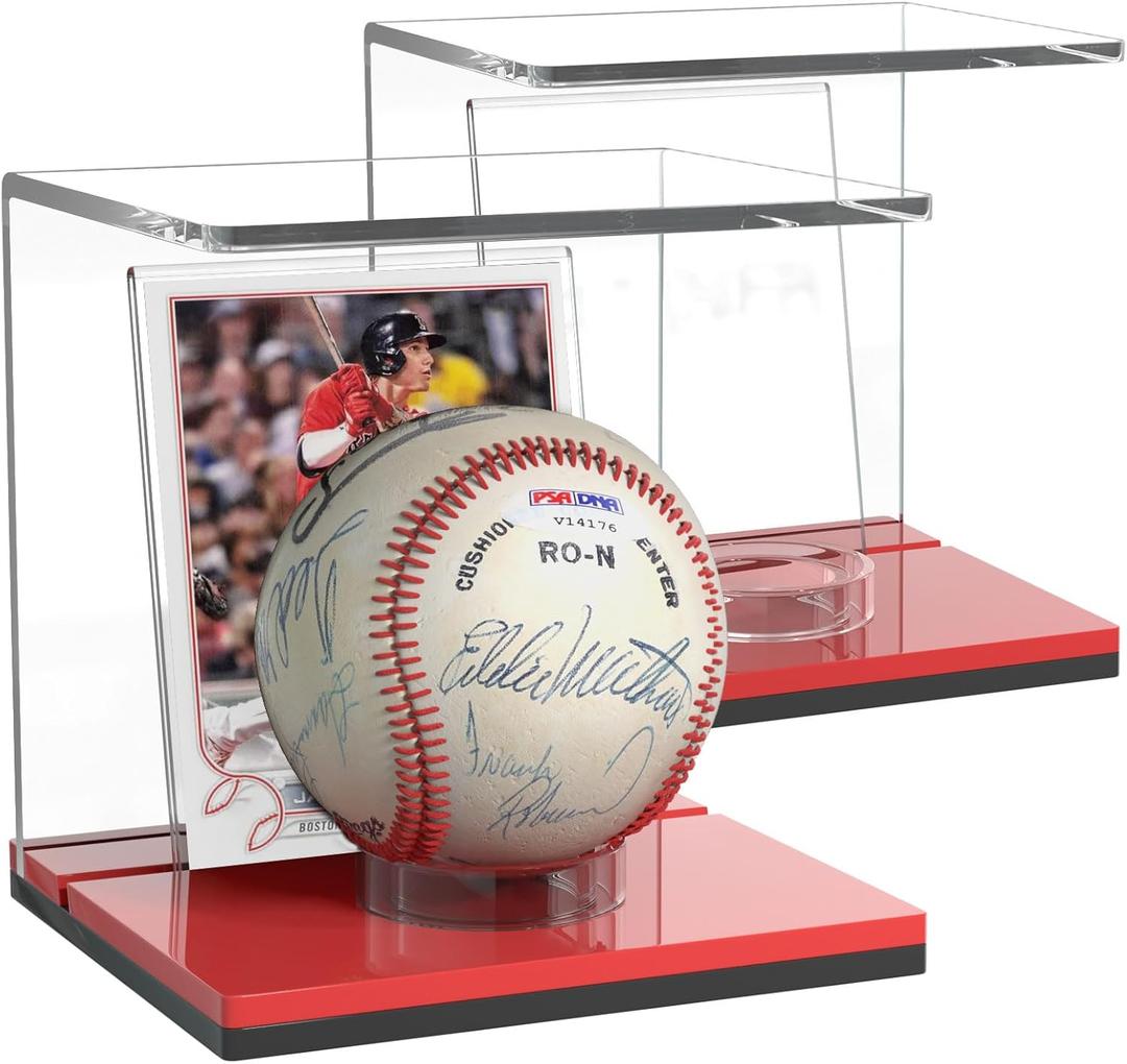 FEMELI Baseball Case Display Holder: 2PCS Acrylic Clear Ball Box with Base/Card Slot-Memorabilia Showcase Autograph Softball Protector Stand (Red)