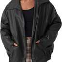 Womens Oversized Faux Leather Motocycle Jacket Zip Up Outwear Coat with Pockets (Black, L)
