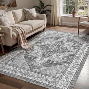 WITSHOCK Living Room Area Rugs 5x7: Washable Rug Boho Soft Non-Slip Low Pile Stain Resistant Foldable Carpet for Bedroom Playroom Dining Room Office Kitchen Farmhouse Home Decor Rug-Gray (Grey)