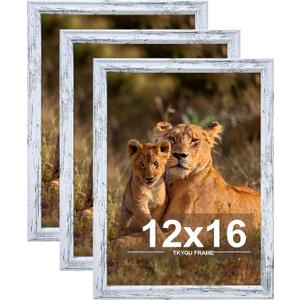 12x16 Picture frame set of 3, Woode frames Rustic White Wall Mounting Horizontally or Vertically, 12 by 16 Wall Gallery Poster Photo Frame with Shatter Resistant Plexiglass,best gift, 12X16in
