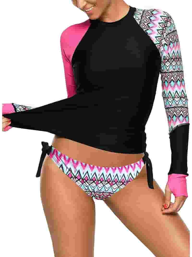 Women's Long Sleeves Rash Guard Athletic Swim Aztec Tankini Sets Swimsuit L