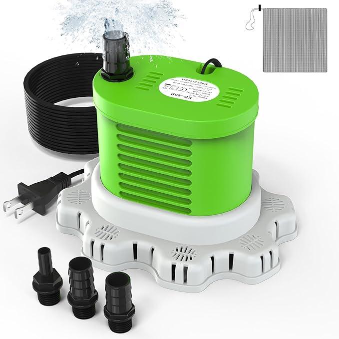 AgiiMan Pool Cover Pump Above Ground  850 GPH Submersible Water Pump for Pool Draining, Portable Small Sump Pumps with 16' Drainage Hose and 25' Power Cord, 3 Adapters, Green