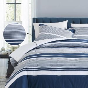 Finlonte King Size Comforter Set, Navy Blue White Striped Comforter, 100% Cotton Luxury Fluffy Cozy Bed Set, Modern Minimalist King Quilted Comforter All Season, 104"  90", 3 Pieces