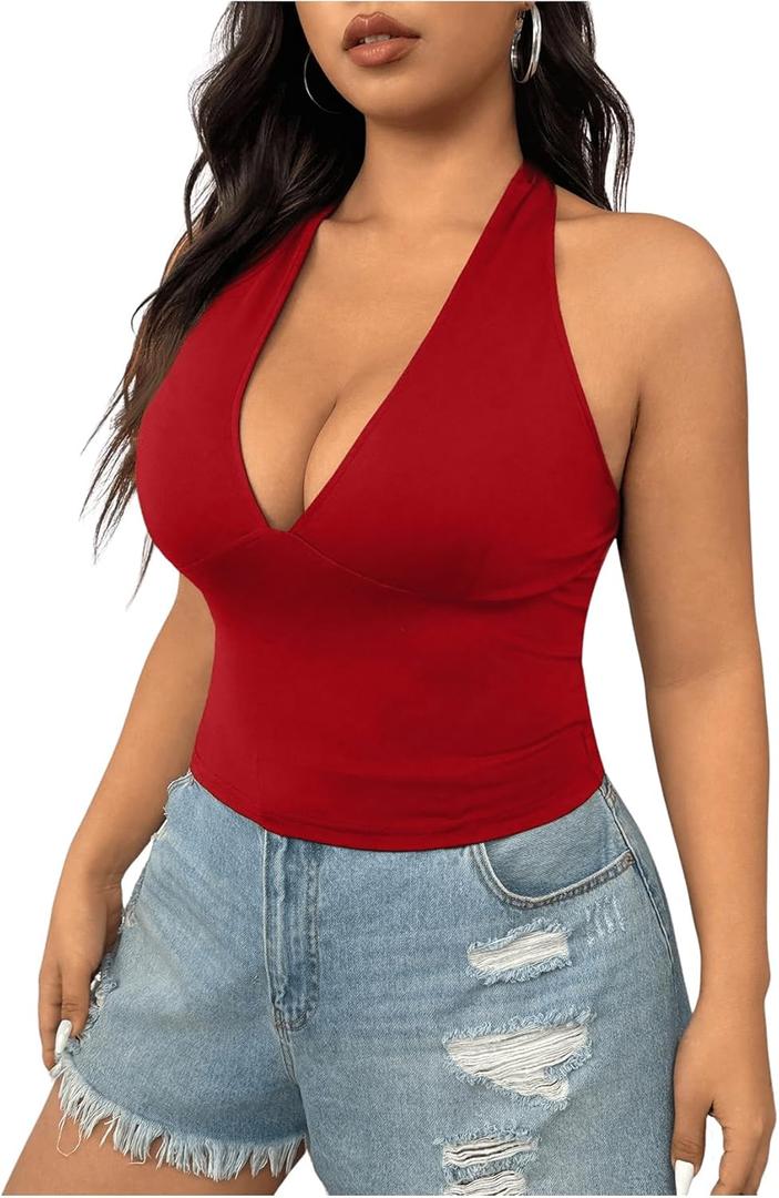 SOLY HUX Women's Plus Size Sexy Halter Deep V Neck Tank Top Backless Sleeveless Slim Fitted Going Out Crop Tops (XX-Large Plus)