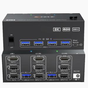 HDMI+2 DisplayPort KVM Switch 3 Monitors 2 Computers 8K60Hz 4K144Hz, Triple Monitor KVM Switch with 4 USB3.0 Port for Keyboard Mouse Printer, 1*HDMI+2*DP+2*USB Cables and Wired Controller Included (black, black)