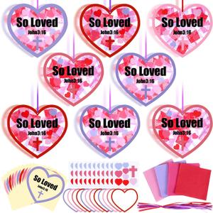 Lunmon 24 Pcs So Loved John3:16 Christian Valentine Crafts Religious Valentine Suncatchers Ornaments DIY Heart Stained Glass Kit Window Art for Church Party Vbs with Ribbon and Stickers