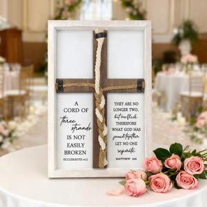 A Cord of Three Strands Wedding Sign Wall Decor 15x10 Inch Christian Marriage Art Wood Framed Braid for Wedding Ceremony Ideas Religious Couple Anniversary Wall Hanging (White)