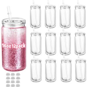 12 Pack 16 oz Acrylic Snow Globe Tumbler Cups, Double Wall Plastic, Pre-Drilled Hole with Plug, DIY Snowglobe Tumbler Supplies Bulk, Clear Mason Jar Style with Lids & Straws