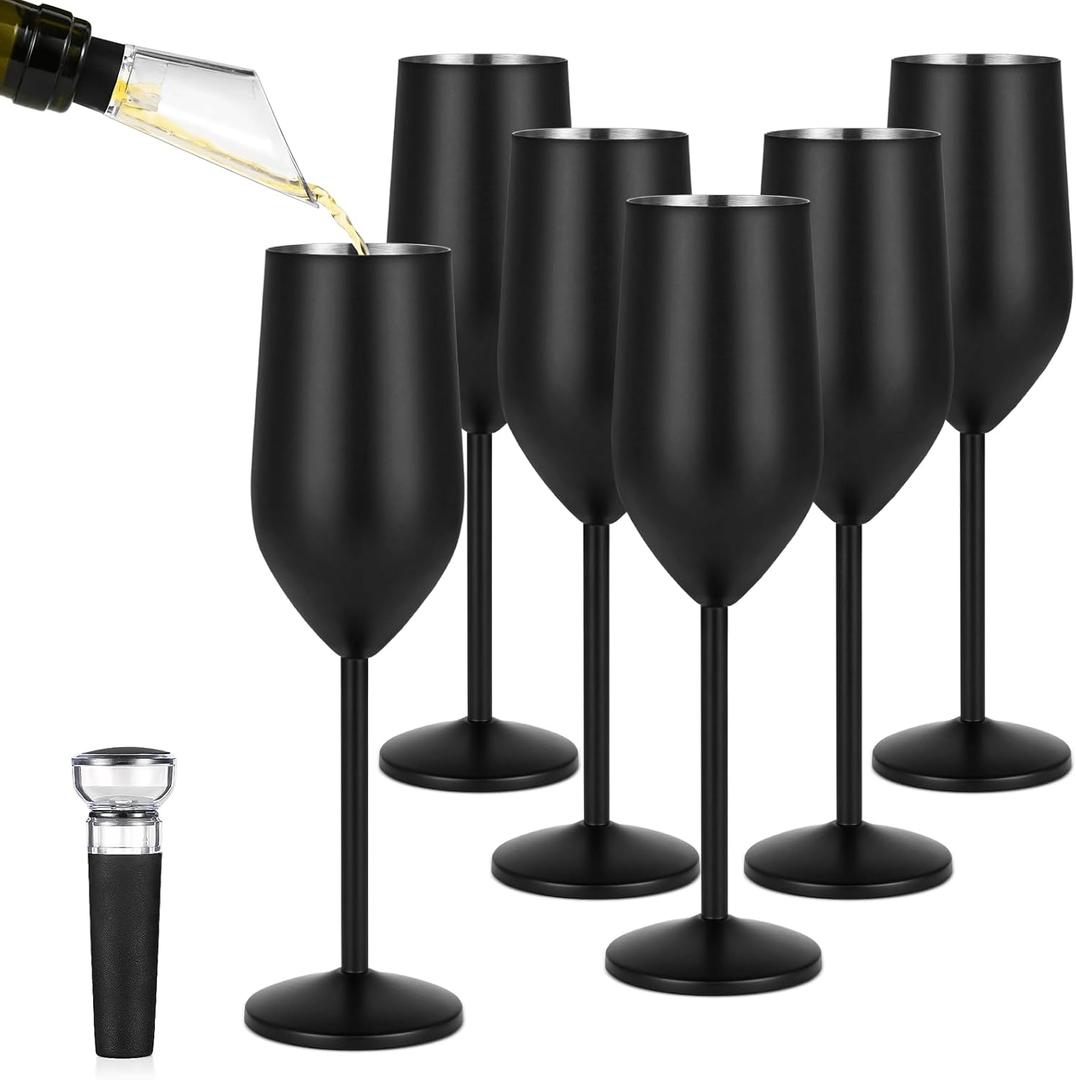 Lifecapido 6 Pack Stainless Steel Champagne Glasses, 8oz Stemmed Unbreakable Champagne Glasses, Elegant Stainless Steel Champagne Flutes for Party Wedding Christmas Anniversary, Black