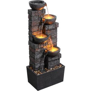33.5 Inch Water Fountain 4-Tier Cascading Bowls with LED Lights, Indoor Outdoor Decorative Floor Standing Resin Waterfall for Patio Garden Porch Backyard Home Décor, Dark Gray