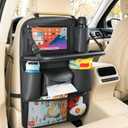 1 Pack Backseat Car Organizer with Foldable Tray Table, PU Leather Seat Back Organizer with Tablet Holder, Large Storage Pockets, Waterproof Kick Mat & Seat Back Protector for Cars, SUVs & Minivans