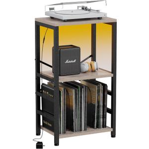 End Table with LED Light, Record Player Stand with Albums Storage, Vinyl Records Storage, Turntable Stand Side Table for Music Room, Studio Living Room Bedroom - Greige