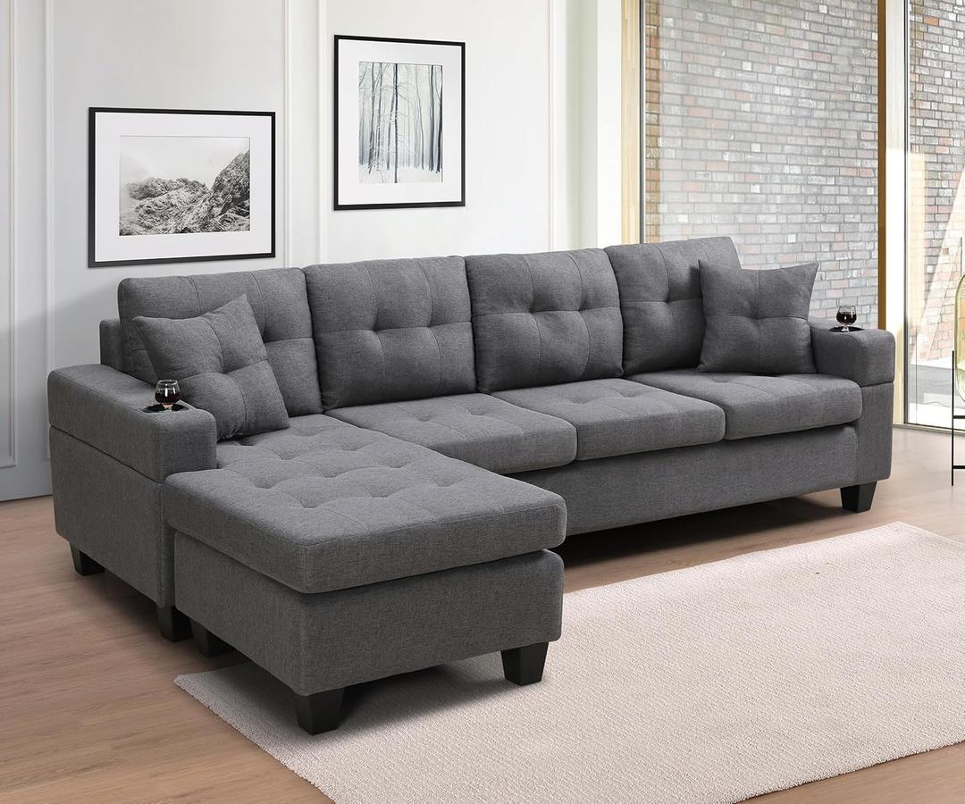 Wakefit Sectional Sofa Couch, Modern 4-Seaters Living Room Furniture Sets with Reversible Chaise Lounge & 2 Pillows | L Shape Couch | Cup Holders | Linen Fabric, Gray (96 Inches, Grey)