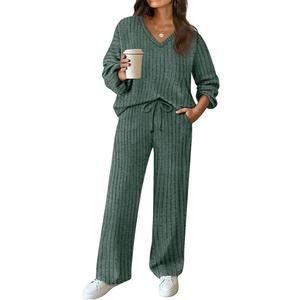 TIYOMI Plus Size Suits For Women 2 Piece Outfits Sweater Top & Wide Leg Pants (XX-Large, Green)