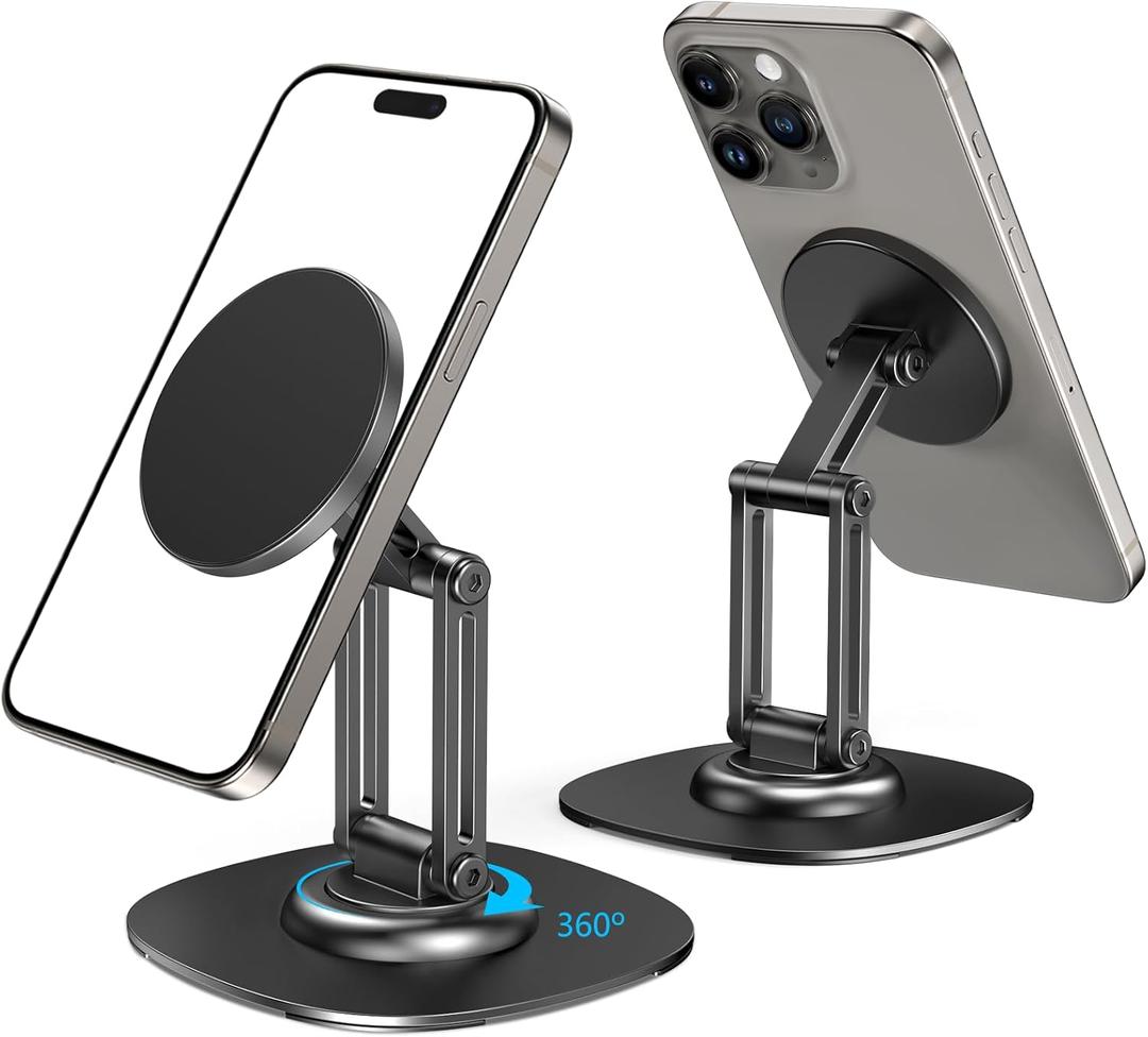 CreaDream Magnetic Phone Stand, MagSafe iPhone Stand Holder for Desk with 360 Rotating Metal Base, Foldable Cell Phone Stand Compatible with iPhone 16 15 14 13 12 Pro Max and MagSafe Case (Black)