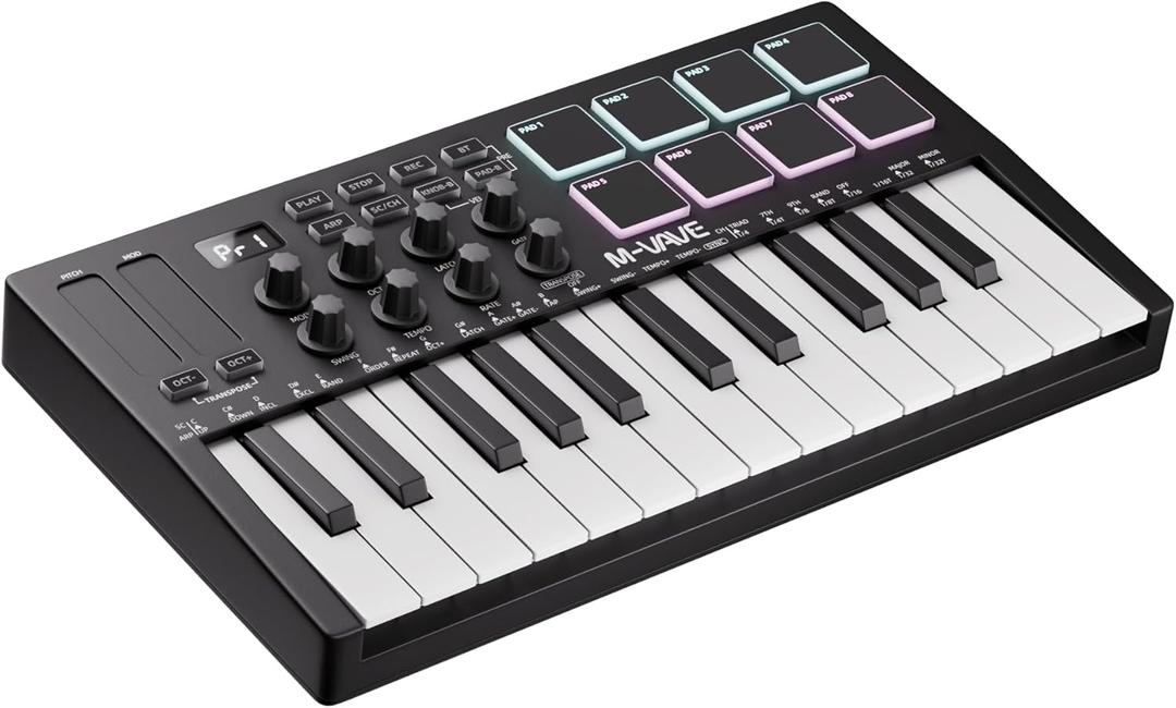 DaierTek Midi Keyboard Controller 25 Key Portable Mini Bluetooth & USB Midi Piano with 8 Backlit Drum Pad, 8 Knobs and Music Production Software for Computer Recording, Music Production (Black)
