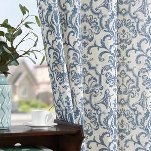 jinchan Curtains for Bedroom, Light Filtering Curtains 72 Inch Length 2 Panels Set, Baroque Style Linen Drapes for Living Room, Vintage Damask Patterned Window Treatments, Grommet Slate Blue on Flax