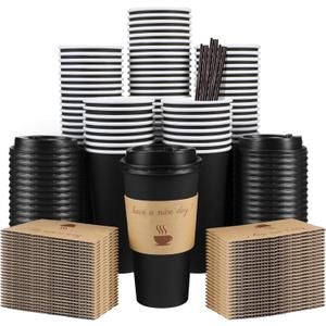 Clawsoff 50 Pack 20 oz Coffee Cups with Lids, Disposable To Go Paper Coffee Cups with Sleeves and Stirring Sticks for Hot/Cold Drinks Office Home Shop Event (Black)