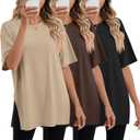 Huukeay 3 Pack Women's Oversized Gym T Shirts Cotton Short Sleeve Side Split Crewneck Tops Casual Workout Baggy Basic Tee (Medium, Black, Dark Brown, Light Coffee)