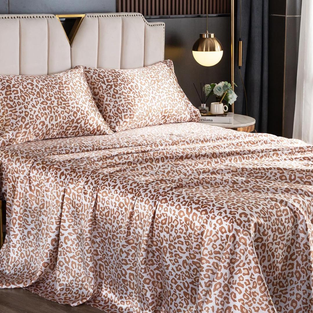 HENGWEI Satin Sheet Set Twin Size,3 Piece Sheet Set Breathable and Cooling,Silk Twin Sheet Set Deep Pocket,Wrinkle Free,Easy Care (A-sd-light Leopard)