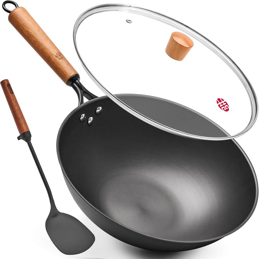 WANGYUANJI 12.6" Carbon Steel Wok with Lid & Spatula - Gift Ready Packaging, Precision Spun Iron Stir Fry Pan for 3-4 People - Flat Bottom, Nitrided Rust-Resistant Surface (Requires Seasoning)