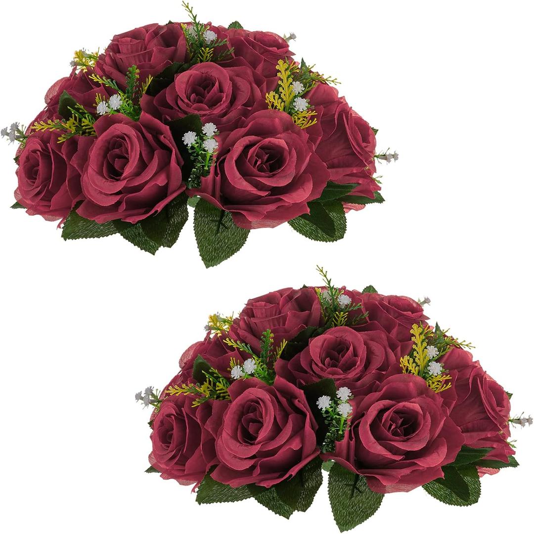 NUPTIO Flower Ball Arrangement Bouquet - 2 Pcs 9.5 inch Diameter Crimson Fake Flowers Roses Balls for Centerpieces Tables - Artificial Rose Arrangements for Wedding Centerpiece Table Decorations (Burgundy)