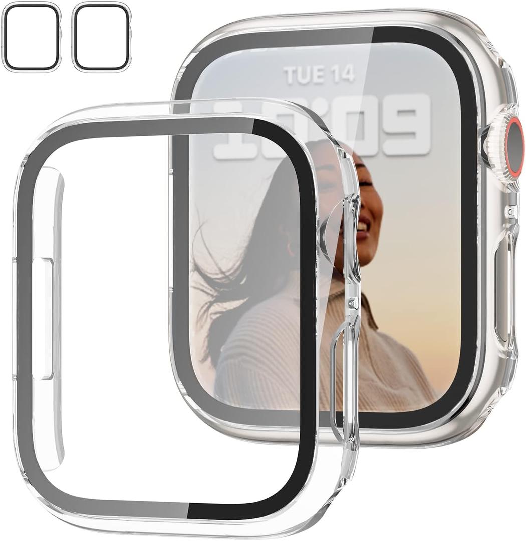2 Pack Case with Tempered Glass Screen Protector for Apple Watch Series 9/8/7 41mm,JZK Slim Guard Bumper Full Hard PC Protective Cover HD Ultra-Thin Cover for iWatch 9 8 7 41mm Accessories,Clear