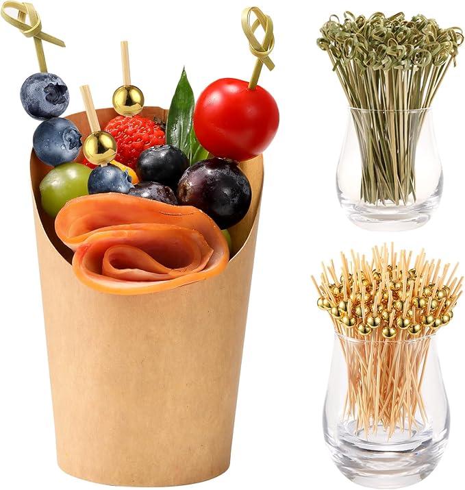 100 Pcs 12 oz Charcuterie Cups with Bamboo Skewers, Disposable Paper Appetizer Snack Holder Brown with Cocktail Picks (100 Cups + 200 Skewers) Color May Vary
