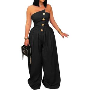 Womens Cargo Jumpsuit Sexy Strapless One Piece Outfit Off Shoulder Top Ruched Wide Leg Rompers Overalls Medium