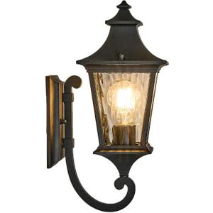 Modern 14.6 Inch Outdoor Wall Sconce Light with Water Ripple Glass in Black Finish, Aluminum Porch Light for Gardens, Garage, Yards and Entryway, E26 Socket