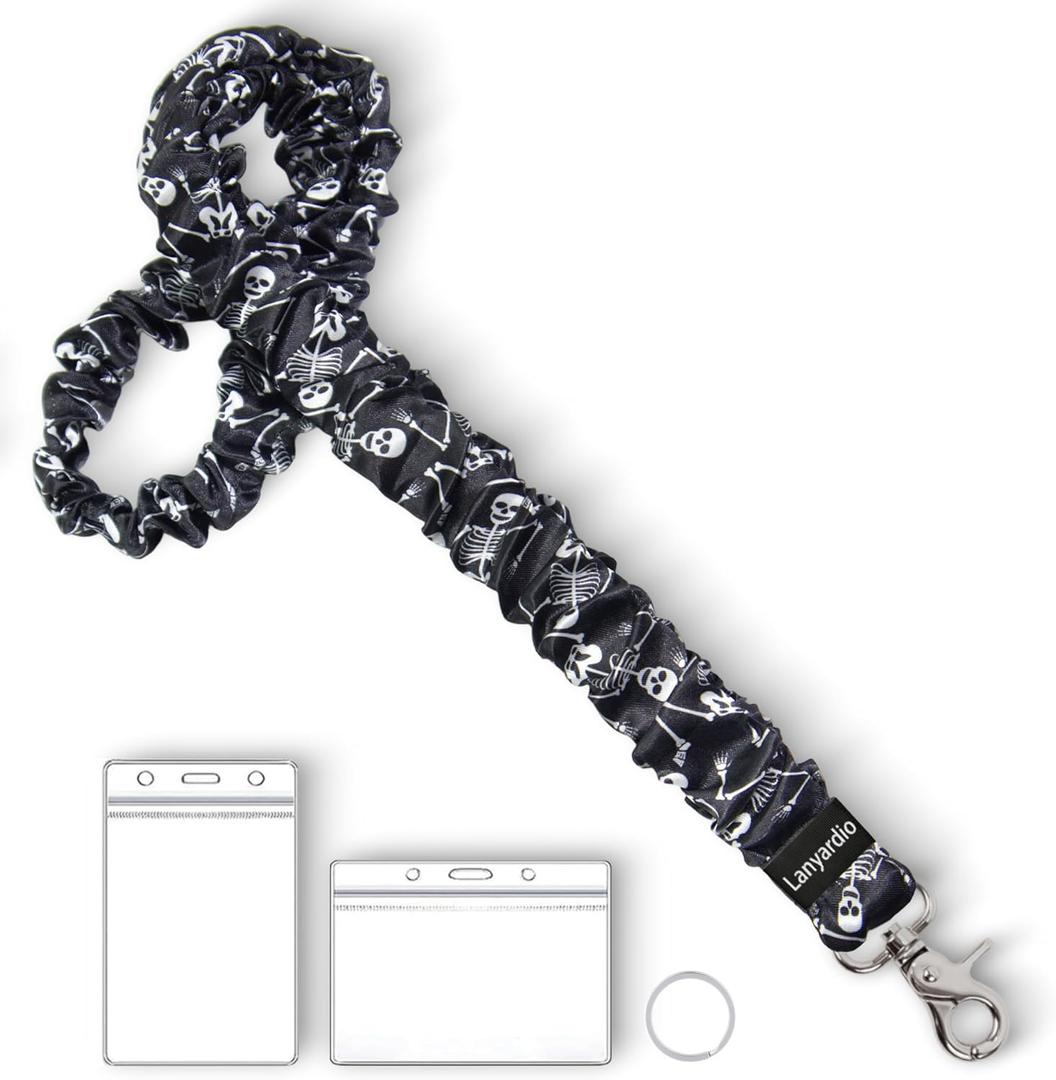 Lanyardio Stretchy Scrunchie Lanyard for ID Badges Keys, Cute Teacher Lanyard for Women with 2 Card Holders 19.12 Inch (Skeleton)