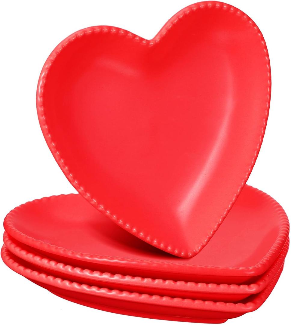 4 Set Heart Shaped Plates Ceramic Salad Cute Plate Set Steak Elegant Dinner Dish 6.9 Inch Dessert Tray Serving Dish Dessert Appetizer Snacks for Mother's Day Anniversary Wedding(Red)