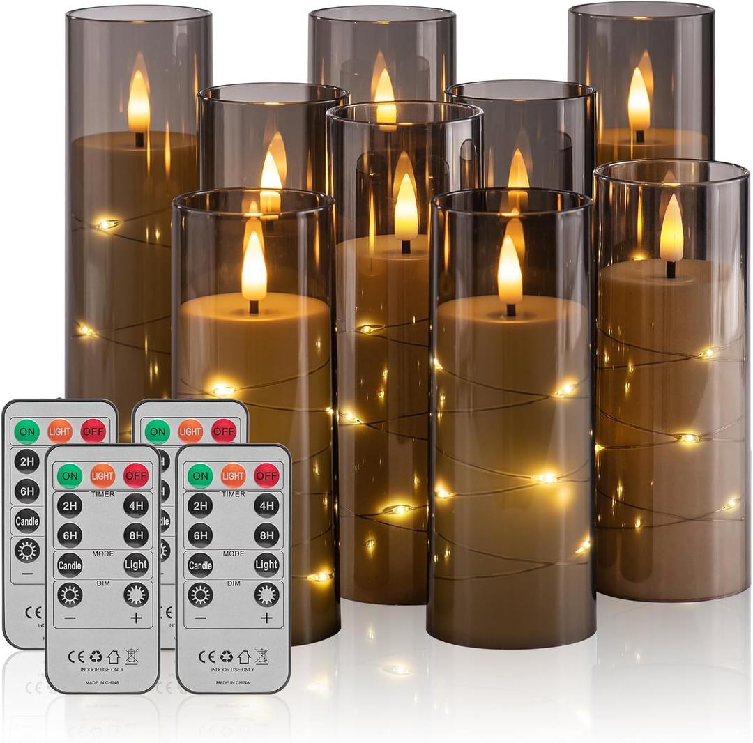 18 Pack Flameless Battery Operated LED Candles with Remote and Timer, Flickering Candles with Embedded Star String for Romantic Ambiance and Home Decoration, Stable Acrylic Shell (Grey) 