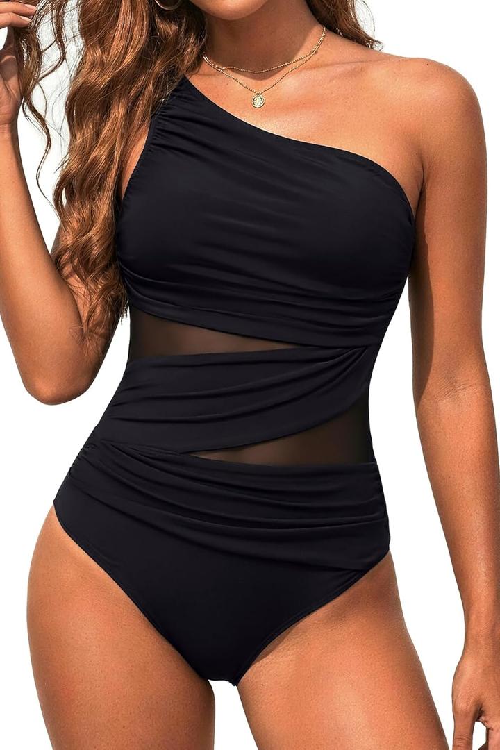 Aqua Eve Women Mesh One Piece Swimsuit - Tummy Control One Shoulder Bathing Suit Cut Out Swimwear 2025 Black Large