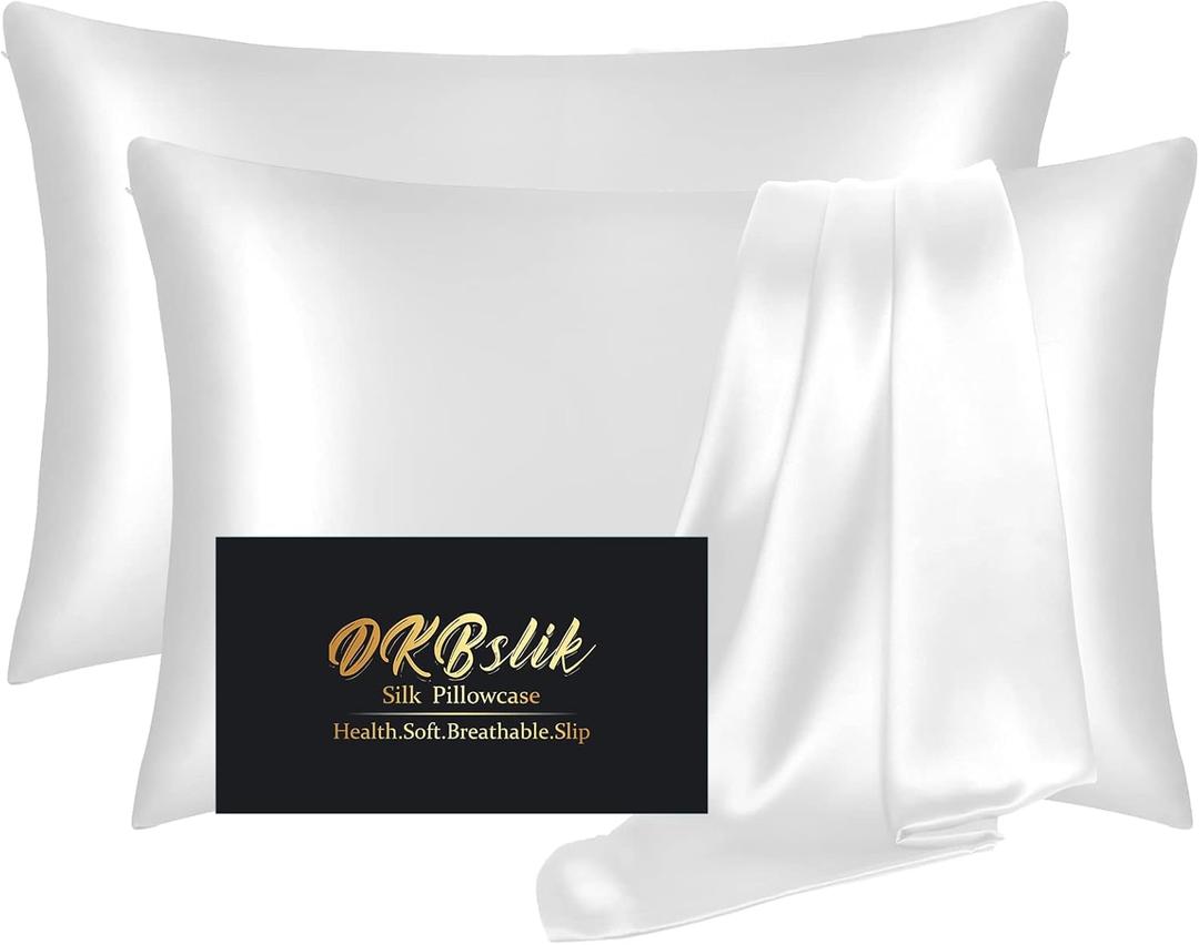 Silk Pillow Cases 2 Pack, Mulberry Silk Pillowcases Standard Set of 2, Health, Smooth, Anti Acne, Beauty Sleep, Both Sides Natural Silk Satin Pillow Cases for Women 2 Pack with Zipper for Gift, White