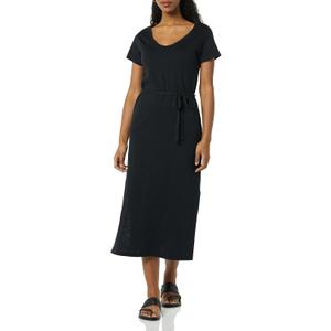 Amazon Essentials Women's Short Sleeve Belted Midi T-Shirt Dress (Large, Black)