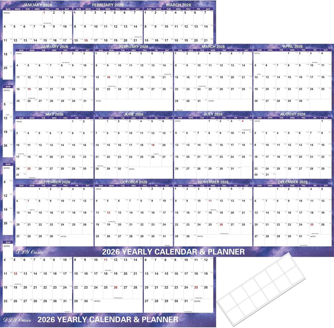 32" x 48" 2026 Wall Calendar Dry Erase - Folded Large Starry Sky Wall Calendar 2026, Wet & Dry Erasable, Laminated 12-Month Annual Yearly Planner, Reversible, Horizontal/Vertical, Purple