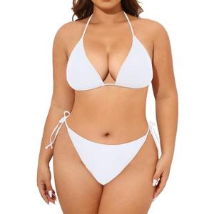 Tempt Me Women Plus Size Triangle Bikini String Two Piece Halter Tie Side Swimsuit (White)