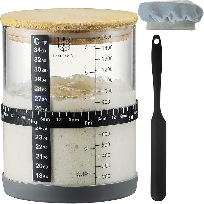 Sourdough Starter Jar,50oz Wide-Mouth with Non-slip silicone rubber Bottom Sourdough Starter Kit,Date Marked Feeding Band, Thermometer, Cloth Cover & Bamboo Lid, Reusable Sourdough Bread Baking