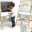 Wooden Easel for Kids with Paper Roll - Magnetic Double Sided Drawing Board Whiteboard & Chalkboard Dry Easel Board Children Art Easel for 3~12 Years Kids (Blue), 67 x 45 x 106 cm