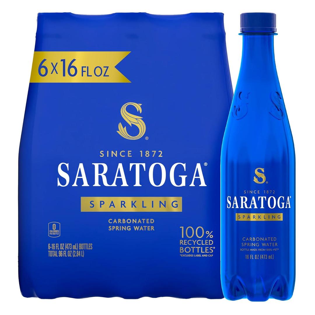 Saratoga Sparkling Water Bottles, 6-Pack - Carbonated Spring Bottled Water with Naturally Occurring Minerals & Electrolytes - Recycled PET Plastic Bottles - 16 Fl Oz (EXP 02/20/26)