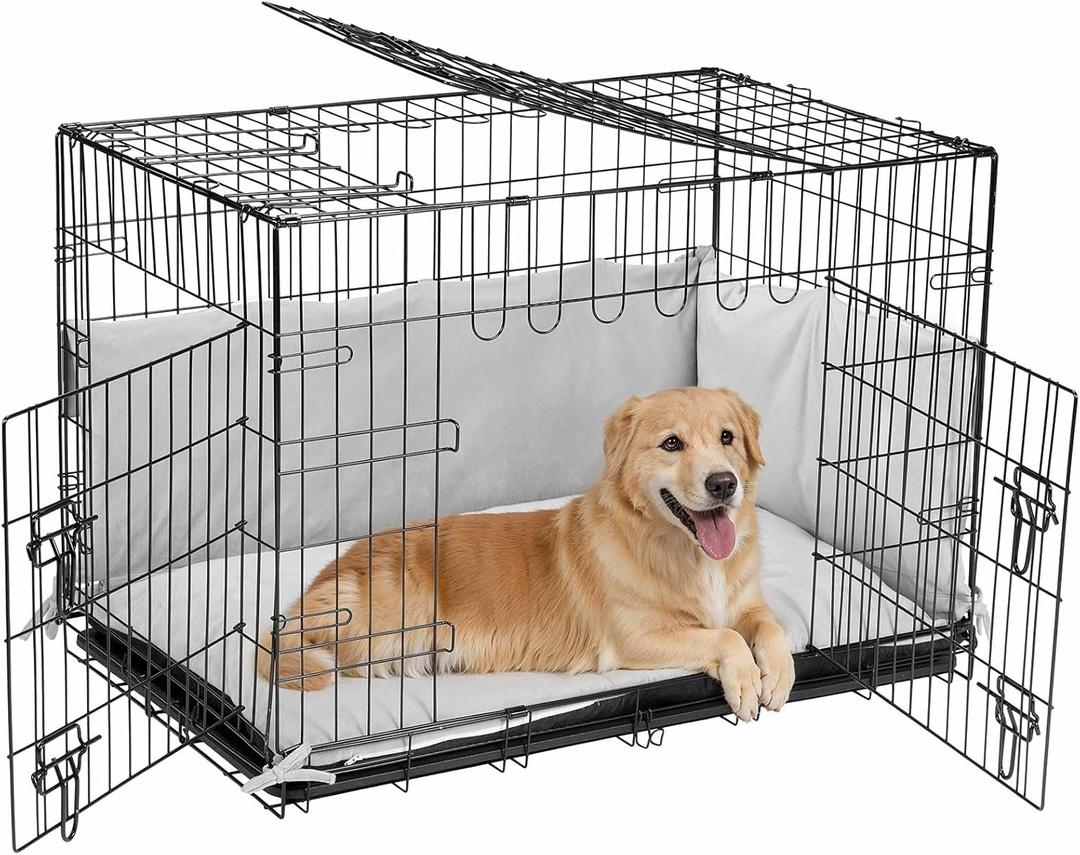 Veehoo 36 inch Dog Crates for Large Dogs with Bumper-Three Doors Folding Metal Wire Dog Crate Cage, Indoor Outdoor Large Dog Crate with Plastic Leak-Proof Tray-Portable Pet Kennel Kit (35.8"L x 22.5"W x 25.0"H, Dog Crate with Pad)